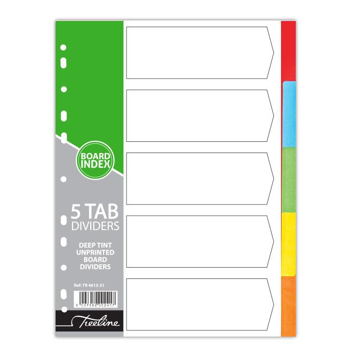 Treeline Dividers A4 Board - Plain - 160gm Board - 5 Tab Deep Tint Assorted