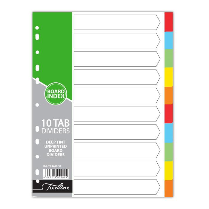 Treeline Dividers A4 Board - Plain - 160gm Board - 10 Tab Deep Tint Assorted