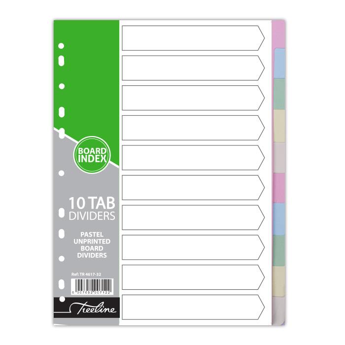 Treeline Dividers A4 Board - Plain - 160gm Board - 10 Tab Pastel Assorted