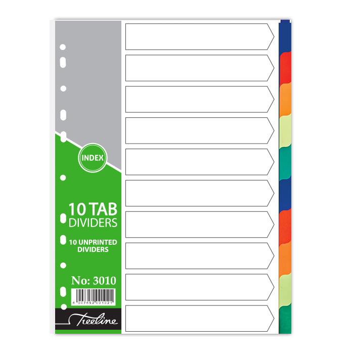 Treeline Dividers A4 PVC - Plain - 160 Micron - A4 Index 10 Tab Rainbow - Assorted