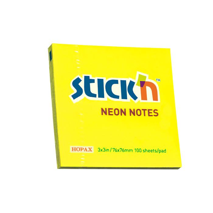 Stick'n 76x76mm Neon Adhesive Notes Lemon
