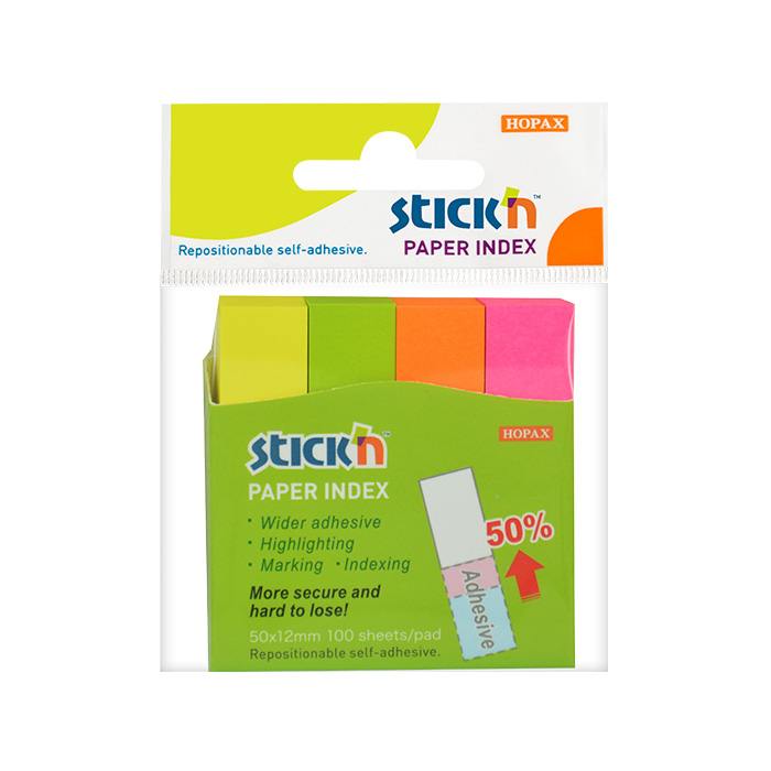 Stick'n Paper Index Notes - 50mm x 12mm Neon - 4 Pads - Assorted
