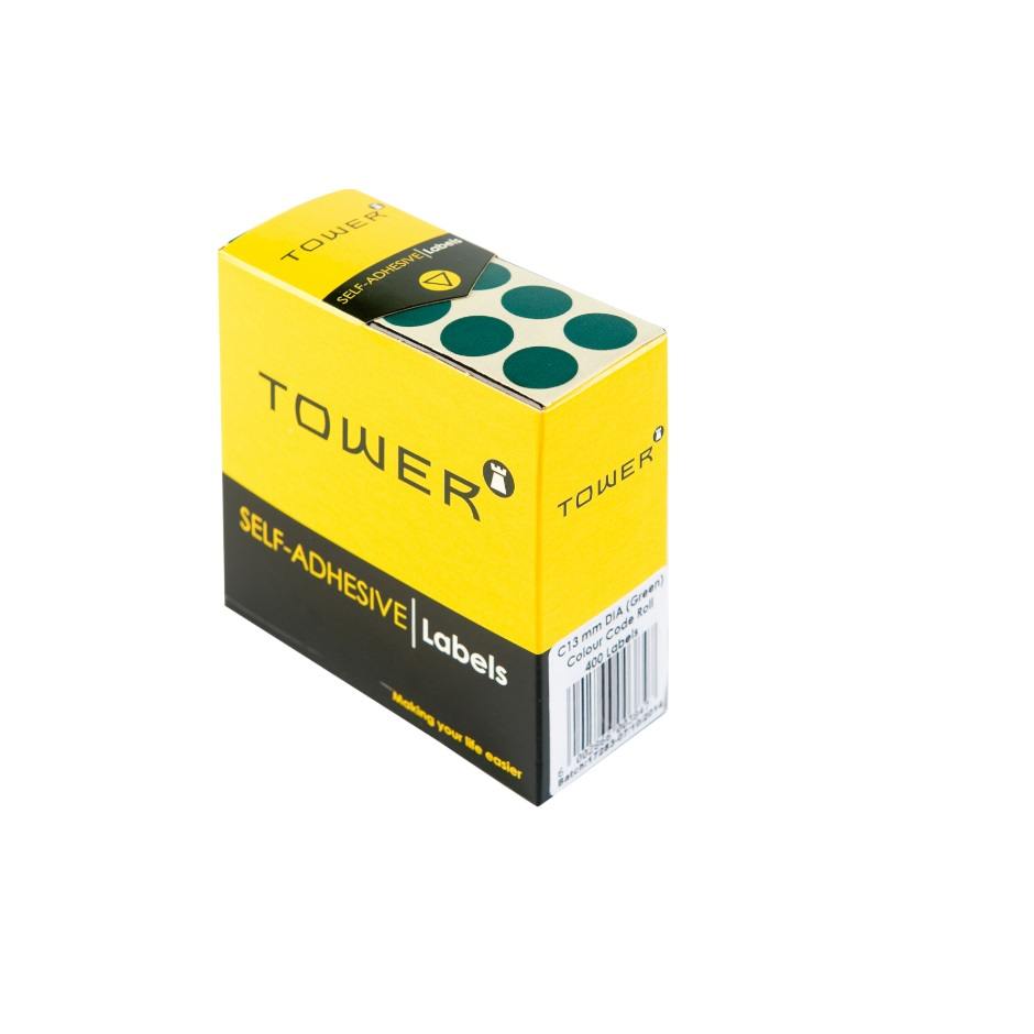 Tower Circle Labels Roll Pack - Colour Circle Labels - 13mm Diameter - Green