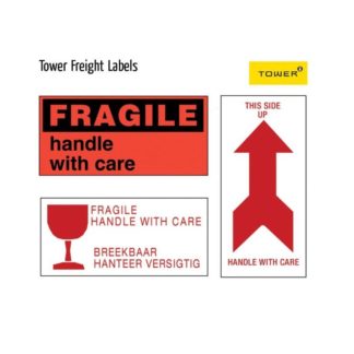 Tower Freight Information Labels - 70 x 150mm Fragile Roll - Red on White