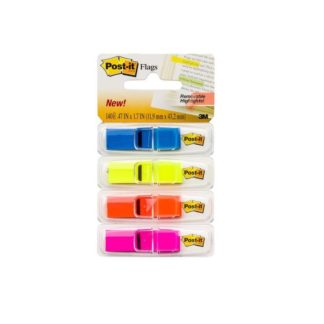 3M Post-it Flags - 11.9x43.2mm - 4 pack Bright (Blue, Purple, Yellow, Pink) - 140 flags per pack - Assorted